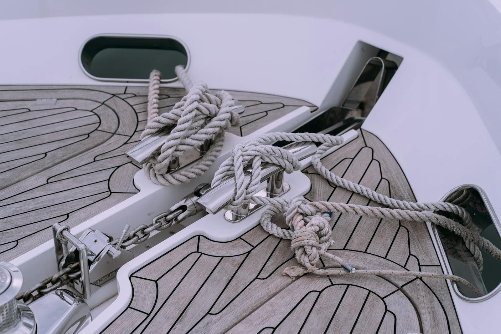 Sun-warmed deck of the yacht looking out over the open water.